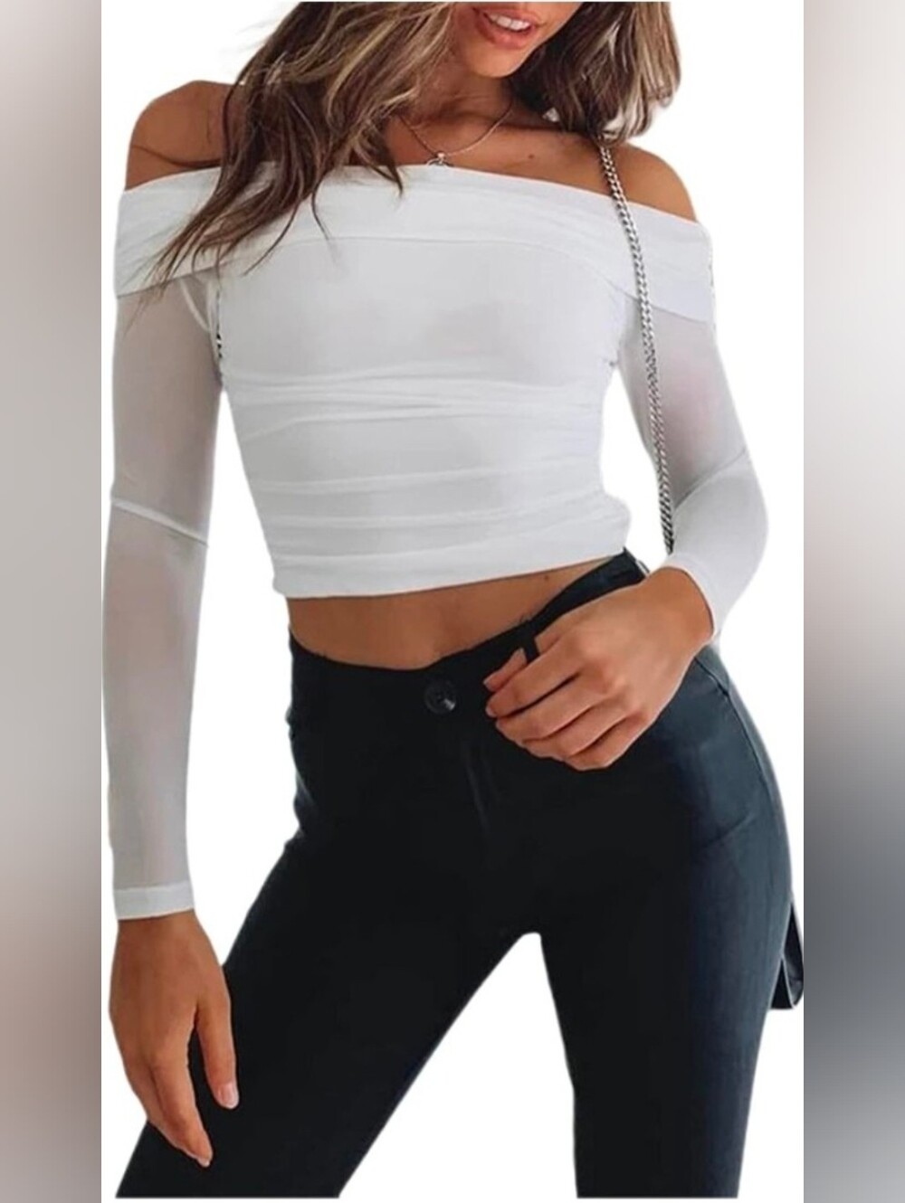 NWT Off-Shoulder White Mesh Ruched Long Sleeve Crop Top